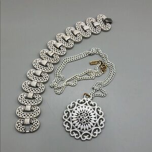 Vintage crown Trifari bracelet + Monet chain medallion necklace white enamel.